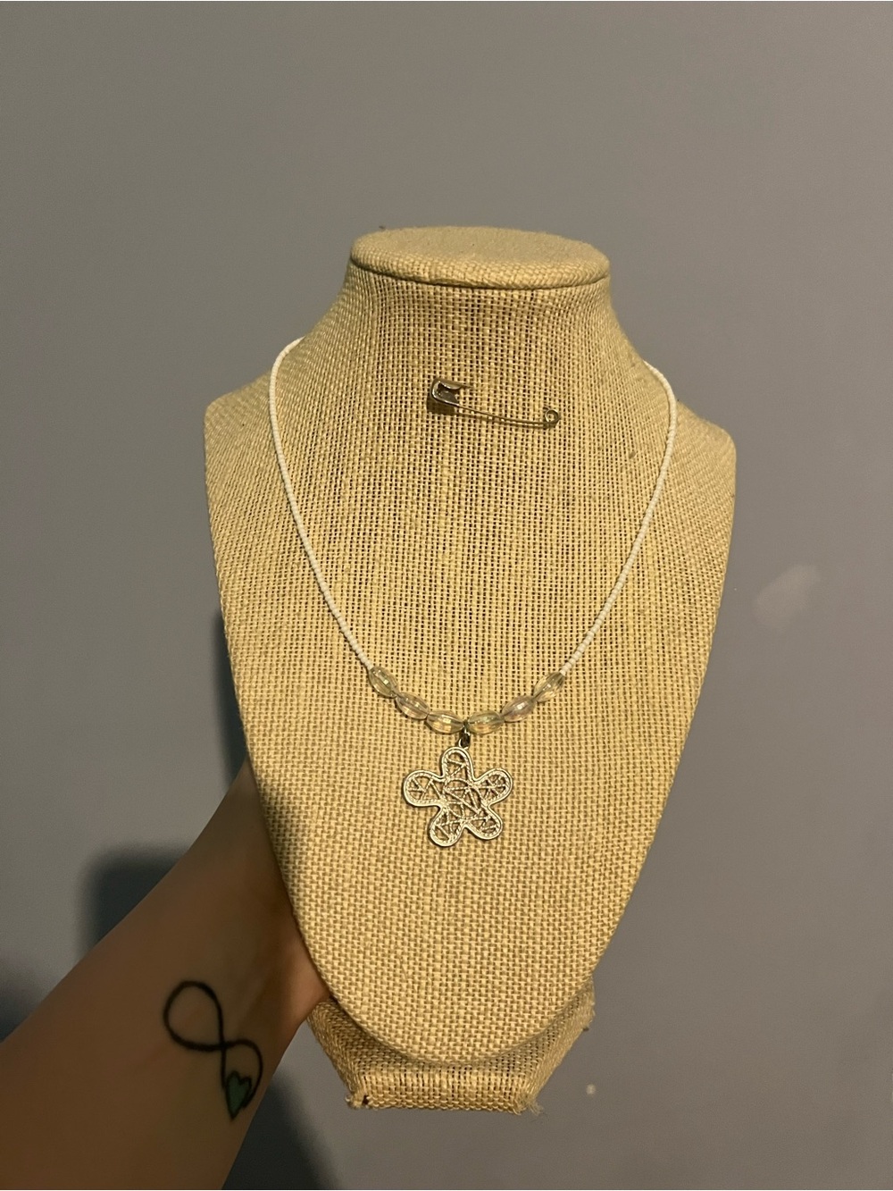 #221. Handmade Choker Necklace - Flower Pendant with White Seed Beads & AB Beads